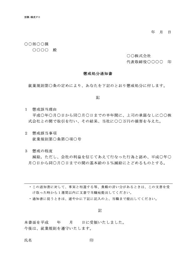 懲戒処分通知書（減給）