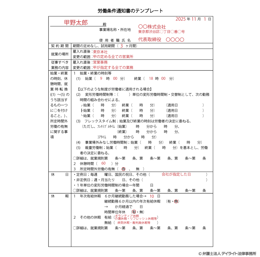 労働通知書書き方①